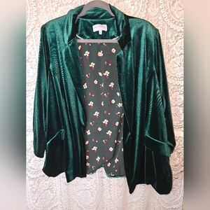 Skies Are Blue Velvet Green Jacket Curvy 3/4 Sleeve, Womens Blazer